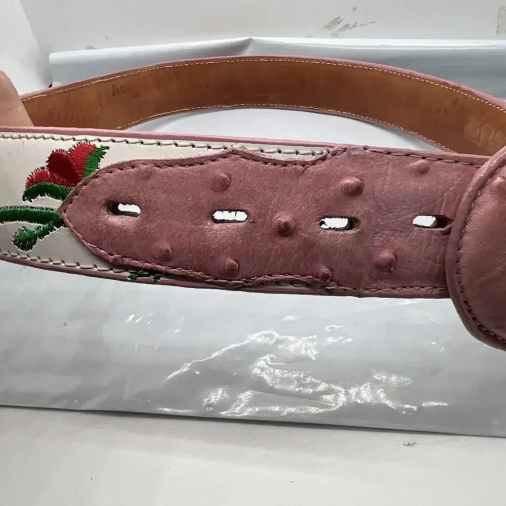 Aguila Real Leather Pink Caiman‎ Tail Embroidered Flowers Belt Rare Size 32